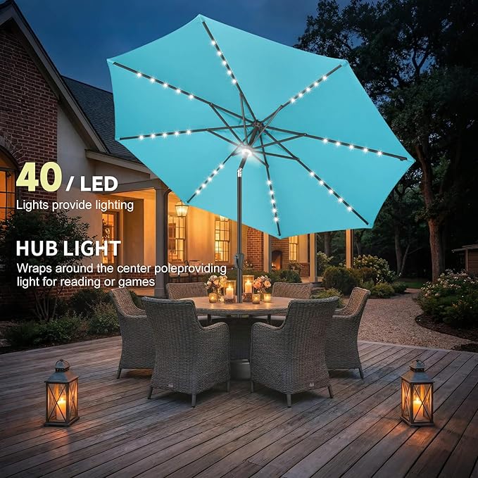 10ft Solar Umbrella Outdoor - Lighted Solar Patio Umbrella with 40 LED Lights Waterprool UV Protection, Table Umbrella with Tilt for Pool, Porch, Garden, Deck, Backyard (Aqua Blue)