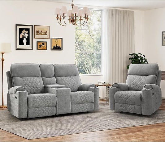 HAOMARKETS 2-Piece Power Recliner Sofa Set with Charging Port, Include Single Recliner Chair and 2-Seater Loveseat Reclining Couch with Hidden Storage and Cup Holders for Living Room, Light Grey