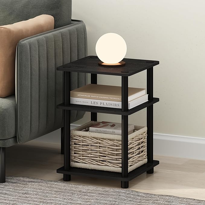 Furinno Turn-N-Tube Side Table, 3-Tier Square Modern End Table with Open Shelf, Night Stand, Bedside Table, Easy Assembly, for Living Room, Bedroom, Darkwood