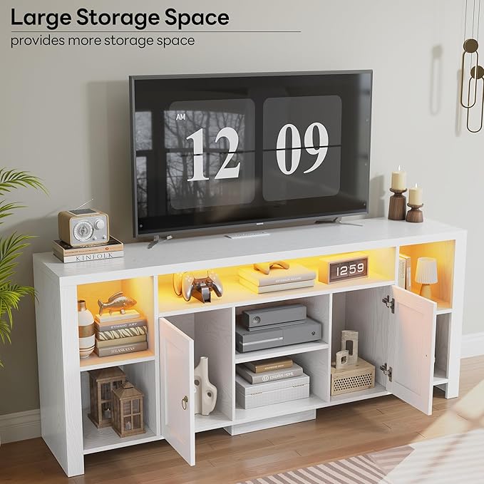 LIKIMIO TV Stand for TVs 80 inch with LED Lights & Power Outlet, Entertainment Center with Cabinets, Adjustable Shelves and Open Shelves, Modern Media TV Console Living Room, White
