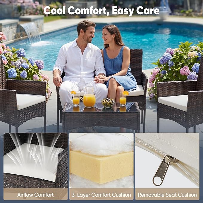DUMOS 4 Piece Patio Furniture Set, All-Weather Outdoor Wicker Conversation Set with Removable Cushions & Tempered Glass Coffee Table, for Porch, Balcony, Lawn, Backyard, Brown