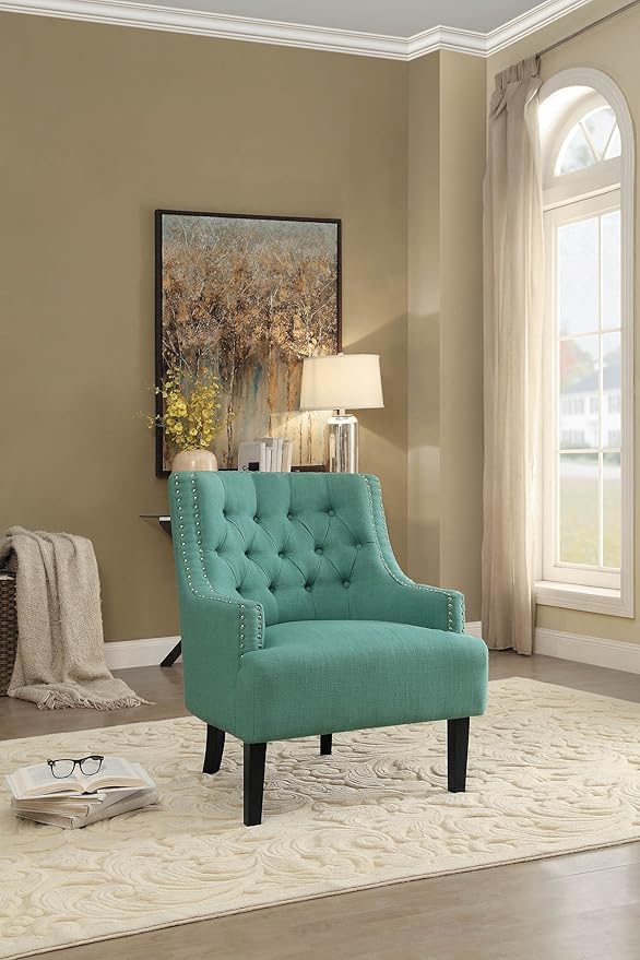 Homelegance Accent Chair, Chenille Upholstered Armchair, Sloped Arms, Button Tufted Cushion Back, Nailhead Trim, Solid Wood Legs, Single Sofa Chair for Living Room, Office, Bedroom, Teal