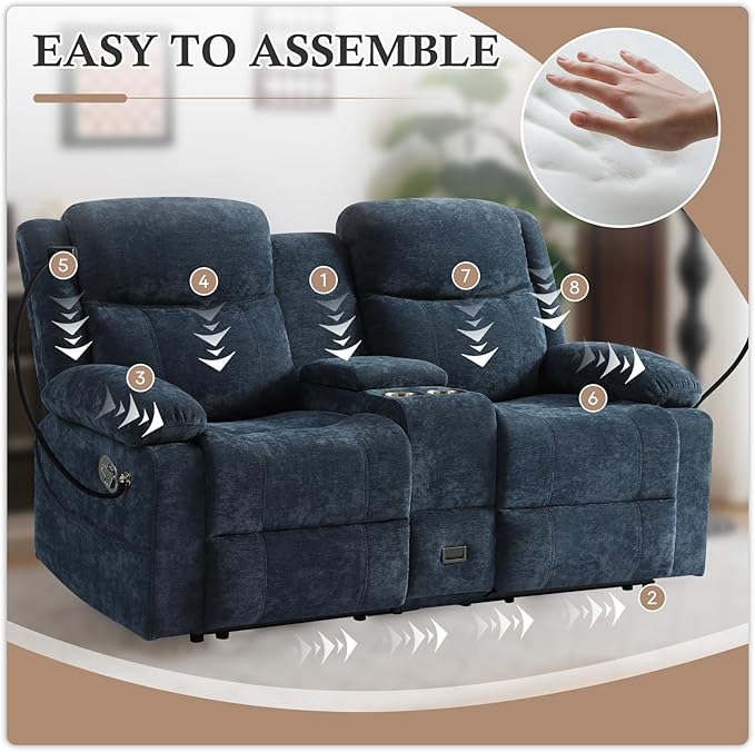 Loveseat Recliner Sofa, Manual Recliner Loveseat with Console, Modern Chenille Sofa Sleeper Deep Couches with Cell Phone Holder and Hidden Socket for Living Room/Office/Apartment (Blue) | Cup Holder, Side pocket