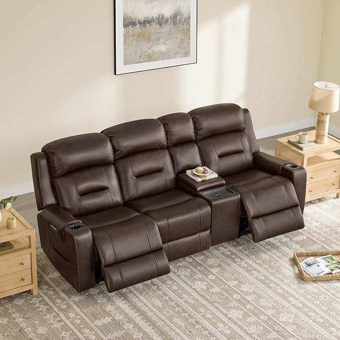 Watson & Whitely Genuine Leather Power Recliner Sofa, Lay Flat Reclining Sofa with Storage Console, Power Headrest & Cup Holders, 3 Seater Electric Reclining Couch for Living Room, Dark Brown