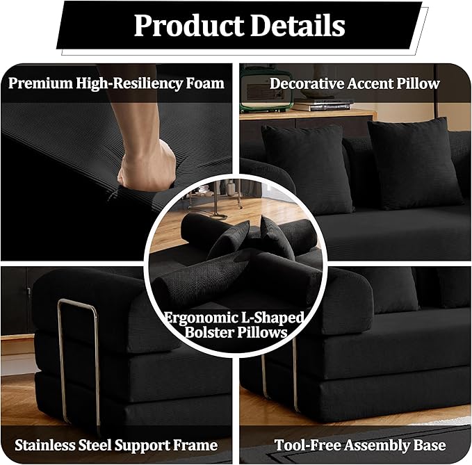 87'' Convertible Compressed Corduroy Folding Cloud Sofa Bed, Modern Modular Boneless Pull Out 3 Seater Sleeper in a Box, 5 in 1 Foldable Floor Mattress Couch, No Assembly Needed, Black, Pillows, King