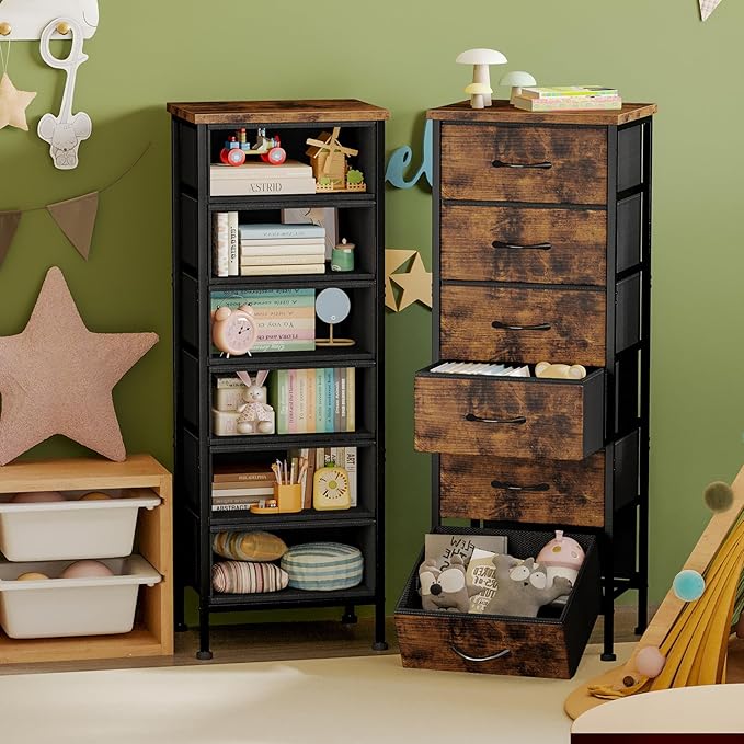 Fixwal Tall Dresser for Bedroom Closet Organizers and Storage Tall Fabric Dresser with 6 Drawers, Small Clothes Storage Girl Bedroom Furniture, Rustic Brown