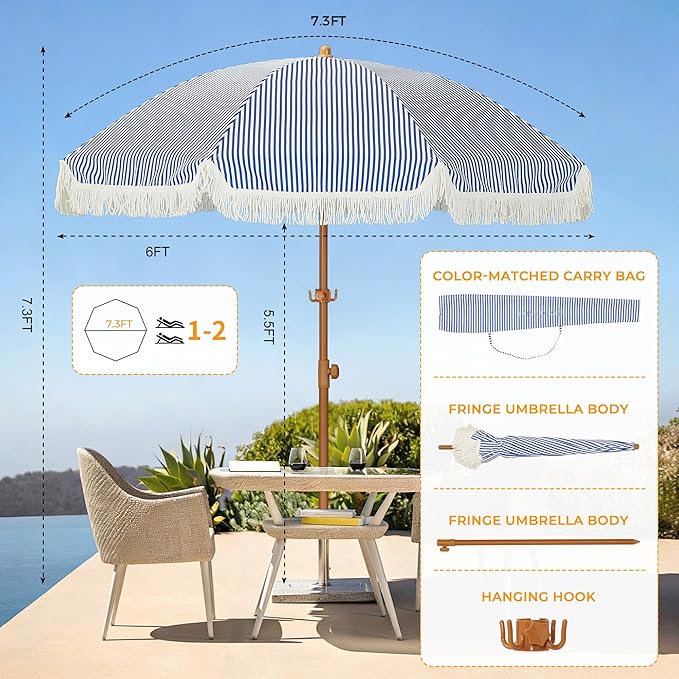 HOMEDEMO Boho Patio Umbrella with Fringe, Outdoor Tassel Umbrella with UPF50+ Sun Protection and Push Button Tilt, Premium Aluminum Pole & Fiberglass Ribs, Includes Hanging Hook