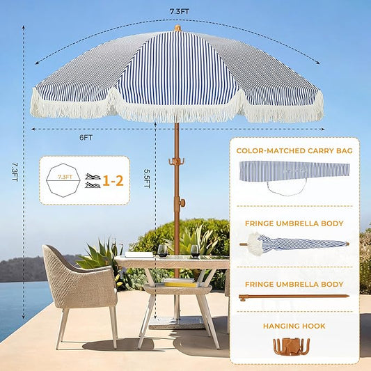 HOMEDEMO Boho Patio Umbrella with Fringe, Outdoor Tassel Umbrella with UPF50+ Sun Protection and Push Button Tilt, Premium Aluminum Pole & Fiberglass Ribs, Includes Hanging Hook