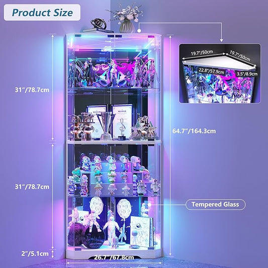 Corner Display Cabinet with Glass Doors, 64.7" Tall Curio Cabinet with RGB Lights for Collectibles, 4-Tier Showcase Display Case with Human Sensor for Toys, Books, White