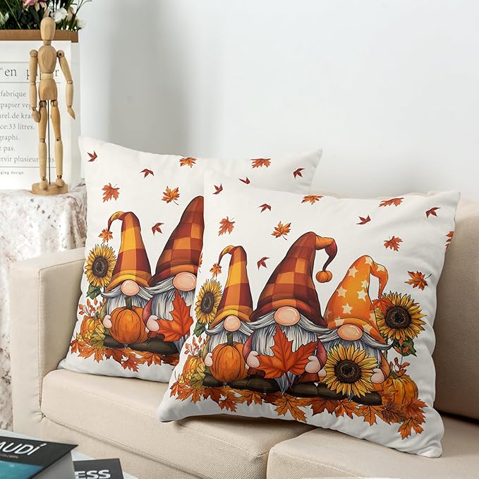 Fall Gnome Pillow Covers 16x16 Set of 2 Pumpkin Sunflower Maple Leaves Throw Pillow Covers Autumn Pillow Case Thanksgiving Cushion Case for Home Decor Couch Sofa