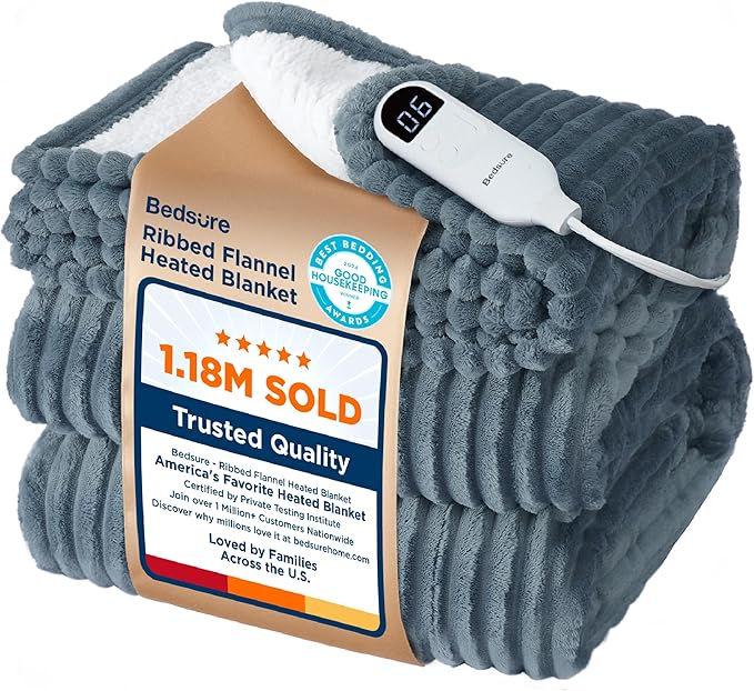 Bedsure Electric Blanket Twin - Soft Ribbed Flannel Heated Blanket, Heating Blanket with 10 Time Settings, 6 Heat Settings, and 8 hrs Timer Auto Shut Off (62x84 inches, Grey)