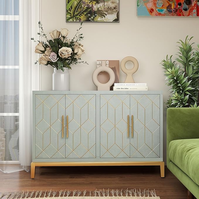 47.8" Accent Storage Cabinet with 4 Doors, Modern Sideboard Buffet Cabinet with Gold Lines, Wood Decorative Credenza with Storage for Living Room, Kitchen, Dining Room, Entryway, Green
