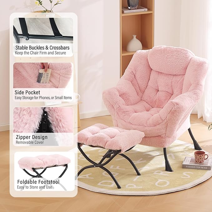 Lazy Chair with Ottoman, Modern Chair with Folding Footrest, Plush Pink Accent Chair, Comfortable Reading Chair, Oversized Armchairs for Bedroom, Study, Living Room, Courtyard