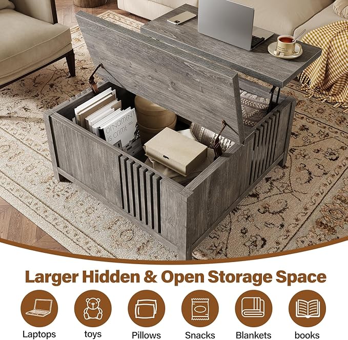 Farmhouse Lift Top Coffee Table with Storage, 35" Square Large Coffee Table with Hidden Compartment, Rustic Wood Center Table for Living Room, Grey Oak