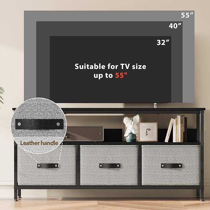 GAOMON 55 Inch TV Stand for Living Room, TV Stand with 3 Drawers, Compact Entertainment Center with Storage Solutions, TV Console Table for Bedroom, Black Finish with Grey Drawers