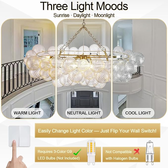 51" Large Gold Bubble Chandelier, 9-Light Modern Hand Blown Glass Chandelier Light Fixture, Rectangle Chandeliers for Dining Room Living Room Kitchen Island Foyer Entryway(Brush Brass Finish)