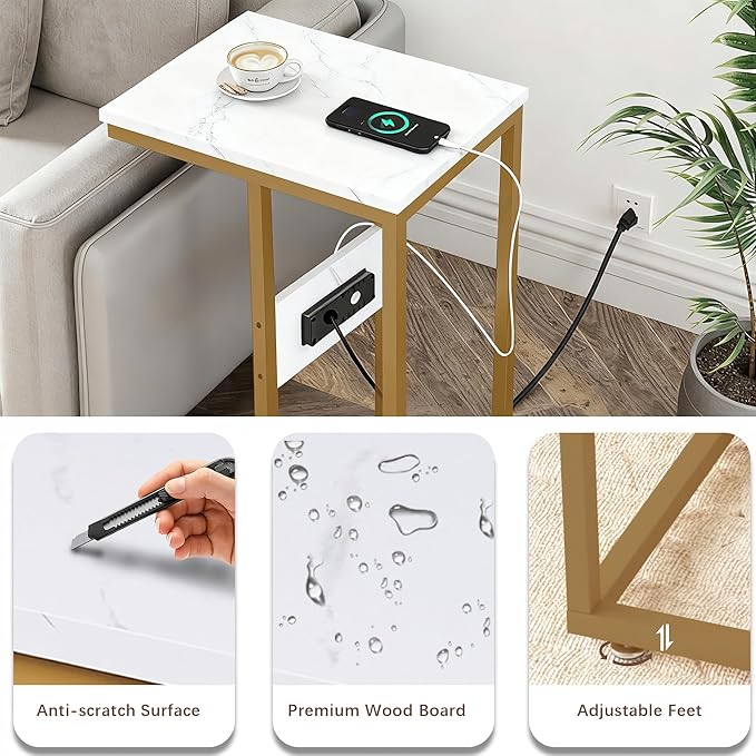 VECELO C-Shaped End Side Table Set of 2, with Charging Station & Two USB Ports and Outlets for Living Room, Bedroom, with Adjustable Feet for Couch/Sofa, Bedside, Small Spaces， Gold