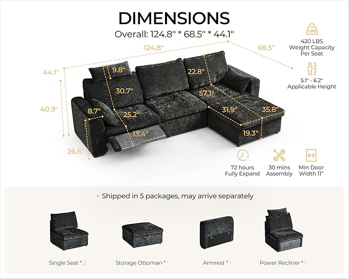 124.8'' Oversized Power Recliner Sofa with Headrest, Extra Wide Modular Cloud Sectional Reclining Couch, Convertible 4-Seater with Storage Ottoman for Home Theater Living Room, Chenille, Black