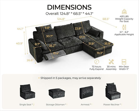 124.8'' Oversized Power Recliner Sofa with Headrest, Extra Wide Modular Cloud Sectional Reclining Couch, Convertible 4-Seater with Storage Ottoman for Home Theater Living Room, Chenille, Black