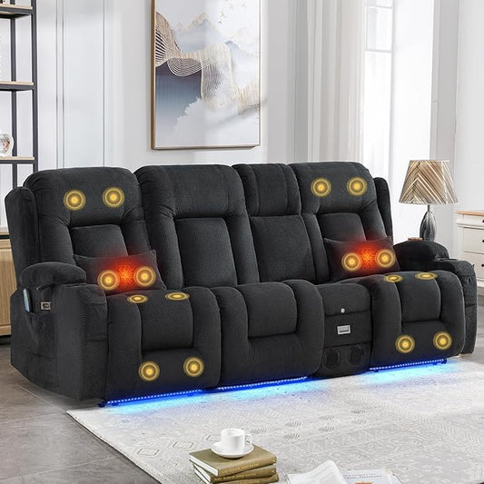IPKIG Power Recliner Sofa with Flip-Up Backrest Console, USB & USB-C Ports, AC Outlet, LED Lights, Wall Hugger Recliners for Living Room, RV (Charcoal, 89" - 4 Seat) | Velvet Fabric, Zero Gravity, Dual Reclining, 2 Lumabr Pillow, Bluetooth Speakers