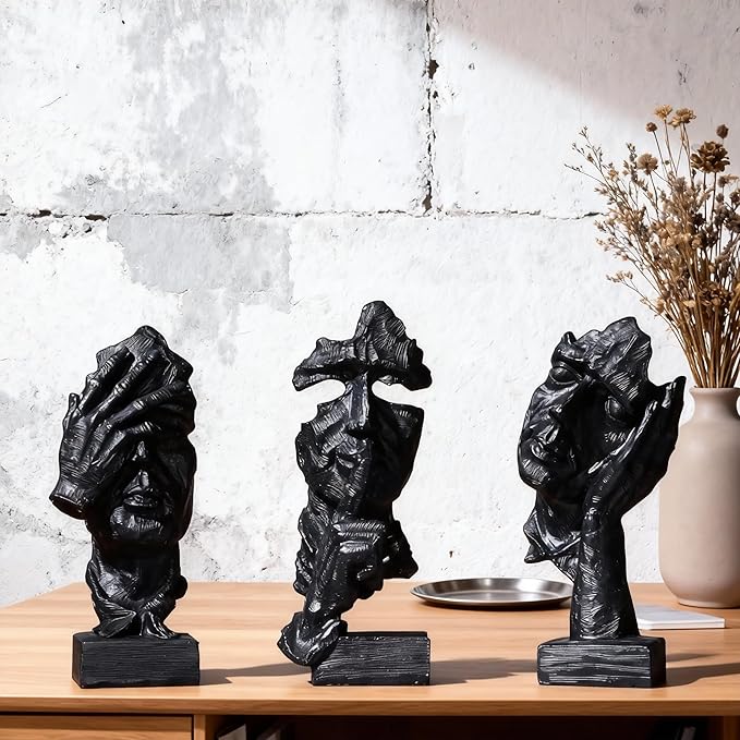 3 Pcs Thinker Statue, Silence is Black Abstract Art Figurine, Modern Home Resin Decorative Objects Decor for Home Office Bookshelf Desktop,No Hear No See No Speak Knick Knacks
