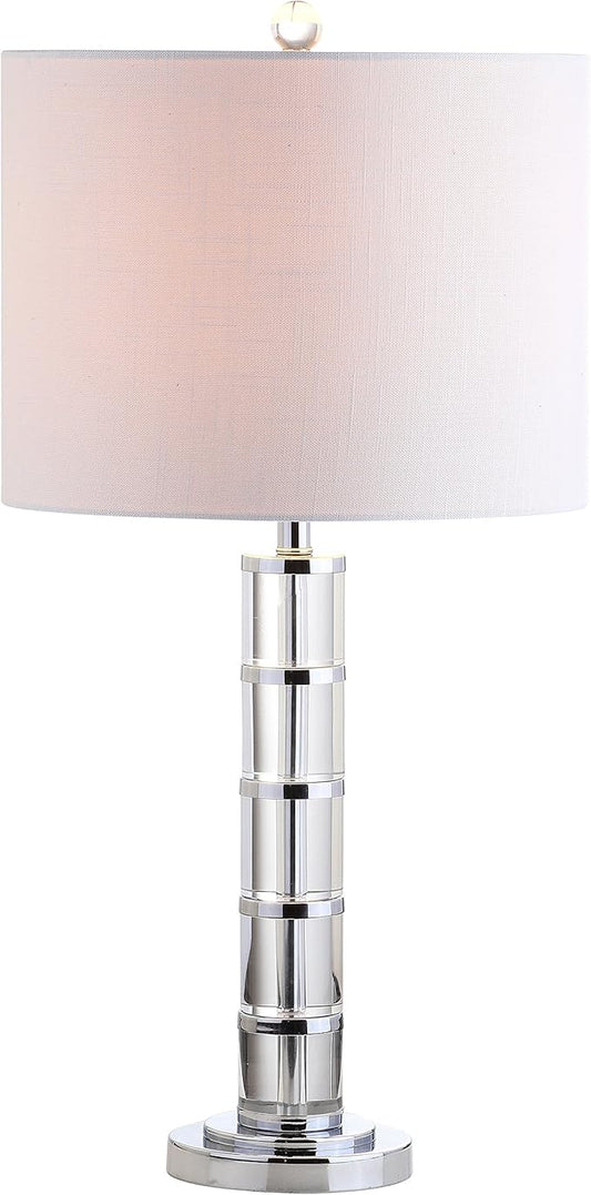 JONATHAN Y 26" Clear Crystal and Chrome LED Table Lamp, Modern Glam Pillar Bedside Lamp with White Linen Drum Shade for Living Room Bedroom, LED Bulb Included JYL2053A