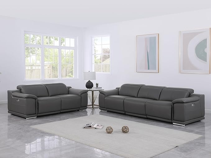 Blackjack Furniture Venice Top Grain Italian Leather Recliner 5 Seater 4 Power Reclining Seater 2 Piece Sofa Set with Adjustable Headrests Modern Seating Sofa and Loveseat for Living Room, Dark Grey