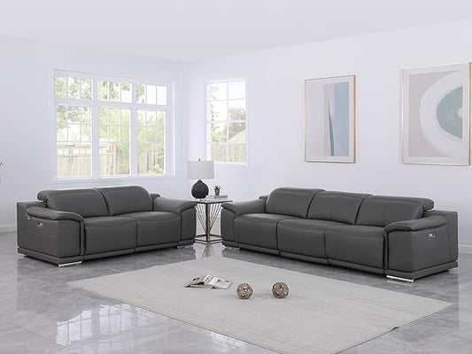 Blackjack Furniture Venice Top Grain Italian Leather Recliner 5 Seater 4 Power Reclining Seater 2 Piece Sofa Set with Adjustable Headrests Modern Seating Sofa and Loveseat for Living Room, Dark Grey