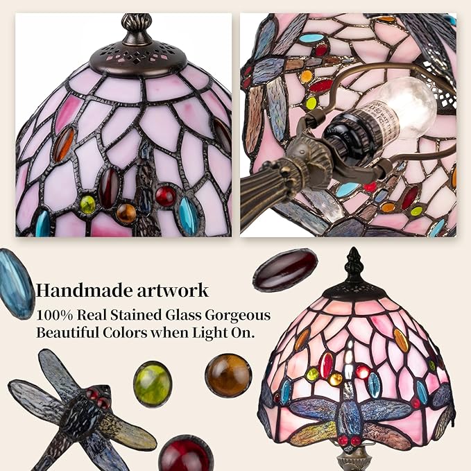 Tiffany Table Lamp,3 Color-Temperature Dragonfly Stained Glass Lamp,8 Inch Tiffany Style Lamp for Bedroom Living Room Home, Handcrafted Light, Included Bulb (Pink)