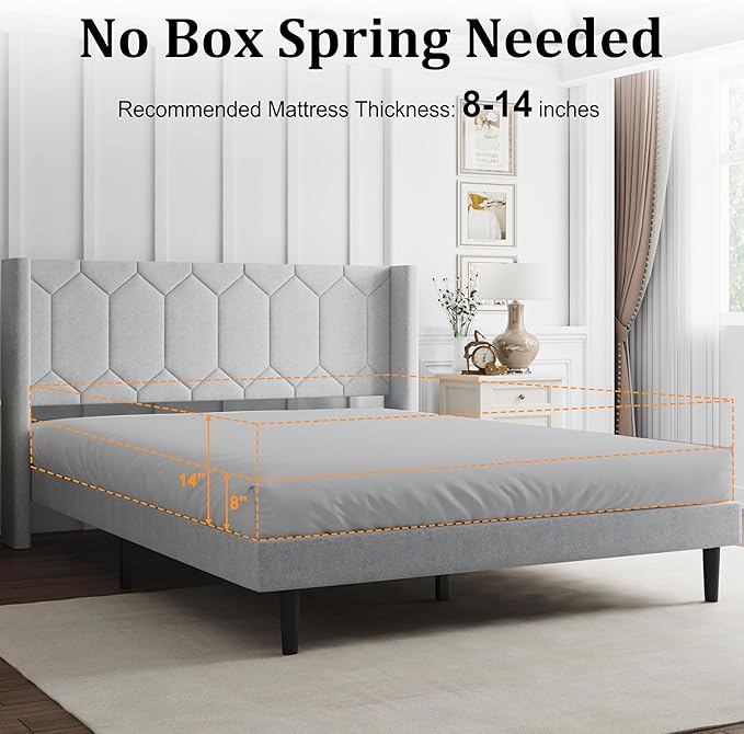 Queen Size Bed Frame with Velvet Upholstered Headboard, Platform Bed Frame No Box Spring Needed, Modern Bedframe with Strong Wooden Slats, Light Gray