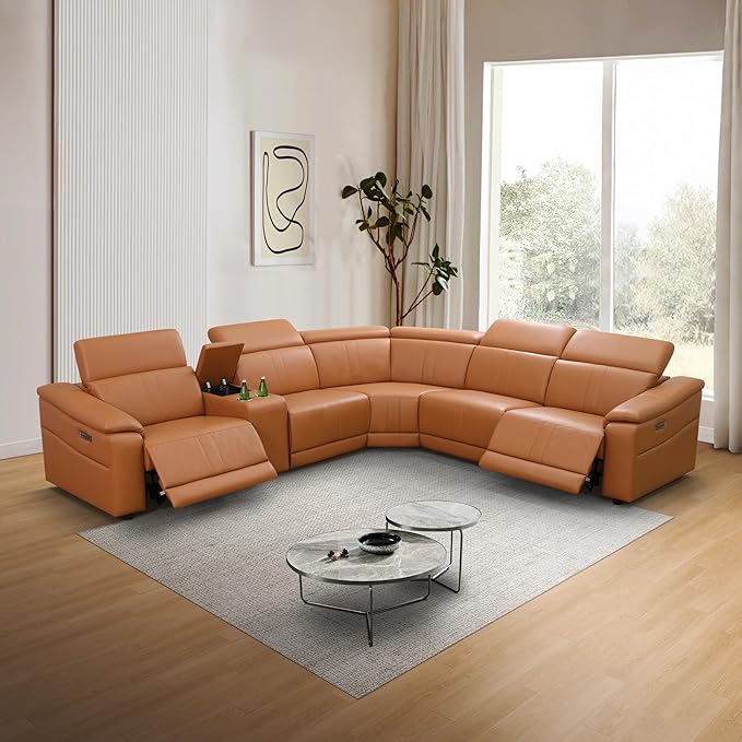 Power Recliner Sectional Couch, Breathing Leather Living Room Furniture Set, Reclining Corner Sectional Sofa with Storage Console/Cup Holders for Home/Office (Caramel, 5 Seater Couch)