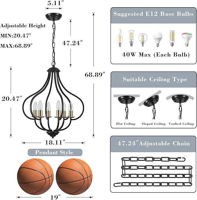 6 Lights Black Farmhouse Chandelier for Dining Room, Vintage Pendant Light Fixture Adjustable Hanging for Kitchen Island Foyer Hallway