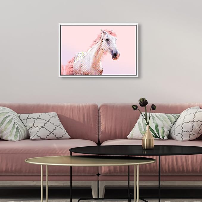 Country Farmhouse Canvas Print Painting Animal Wall Art 'Pink Glam Horse' White Framed Canvas Rustic Home Décor 15x10 in Pink, White by Oliver Gal
