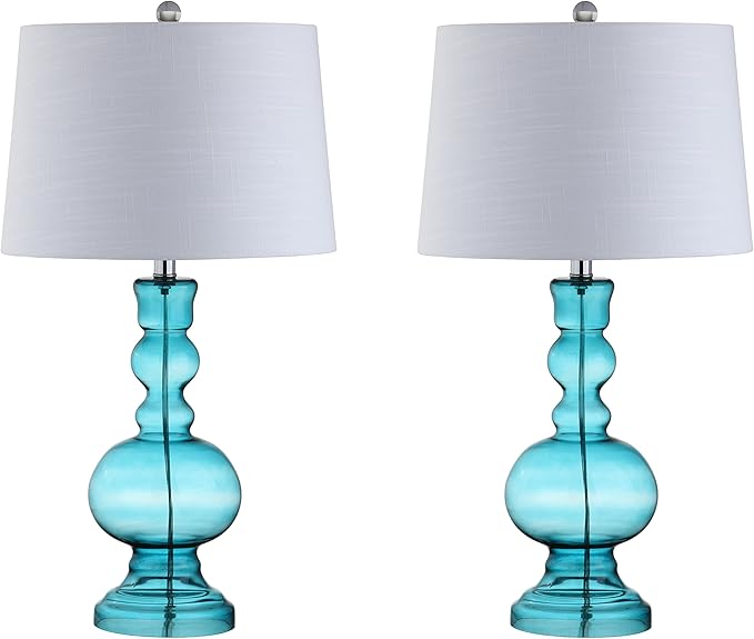 JONATHAN Y 28.5" Blue Glass Table Lamp Set of 2 for Living Room Bedroom Decor, Modern Bedside Lamps with White Linen Shade, LED Bulbs Included JYL1061A-SET2