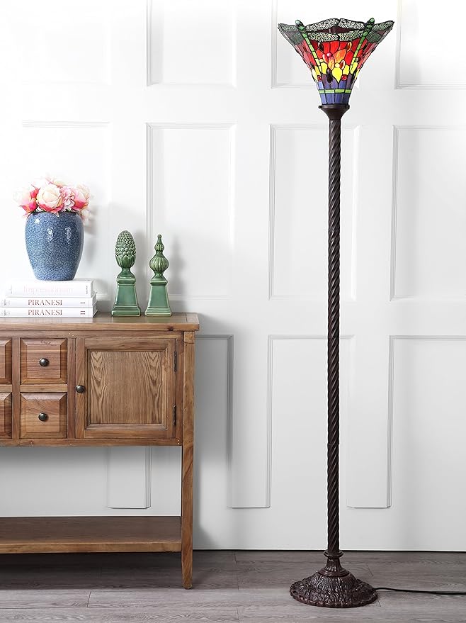 JONATHAN Y 71" Bronze/Green Dragonfly Tiffany-Style LED Floor Lamp, Traditional Standing Light for Living Room, Multi-Color Stained Glass Shade, LED Bulb Included (JYL8002B)