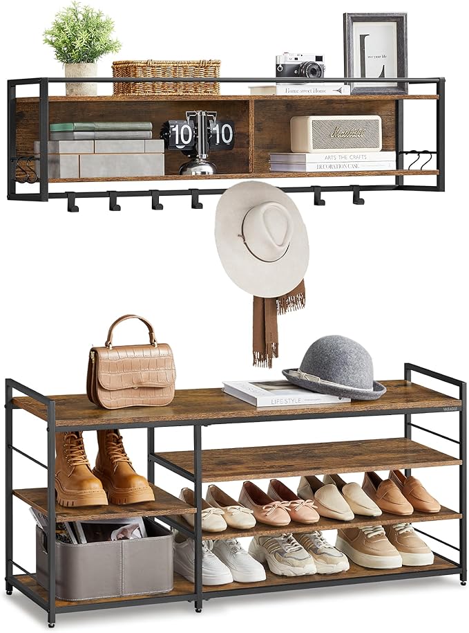 VASAGLE Hall Tree with Shoe Bench, Coat Rack Shoe Bench Set, Entryway Furniture, Multifunctional, 12 Metal Hooks, 4-Tier Shoe Rack, for Entryway, Bedroom, Rustic Brown ULSB109K01