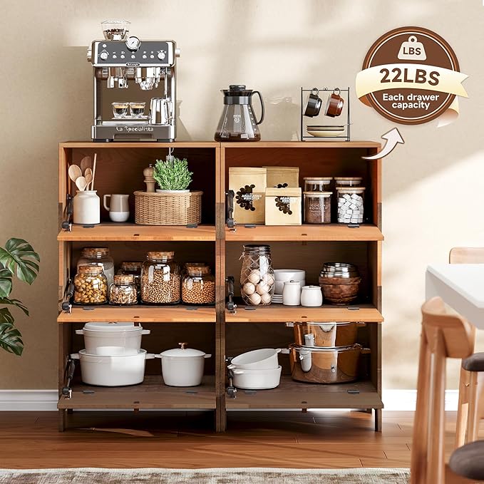 Sebastack Sideboard, Buffet Cabinet with 3 Storage Drawers, Easy Assembly Coffee Bar Wood Buffet Table for Kitchen, Dining Room, Bathroom, Basswood and Walnut Color Combo (1 pcs)