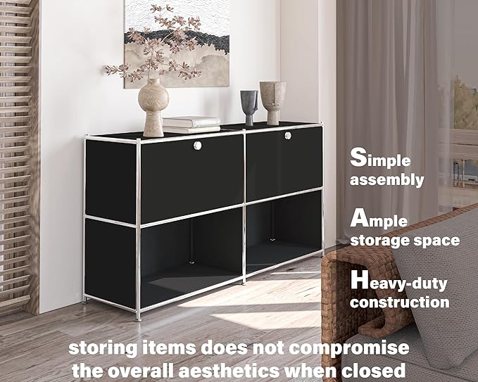 Metal Sideboard with 2 Flap Doors, DIY Modern Home Furnishing,Perfect for Home, Office, Kitchen, Hallway,Foyer Organization(Black)