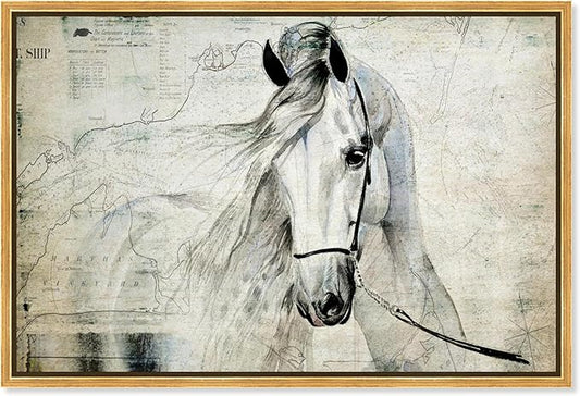 Country Farmhouse Canvas Print Painting Animal Wall Art 'Southern White Horse' Gold Framed Canvas Rustic Home Décor 54x36 in Gray, Brown by Oliver Gal