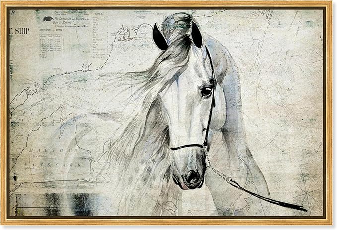 Country Farmhouse Canvas Print Painting Animal Wall Art 'Southern White Horse' Gold Framed Canvas Rustic Home Décor 45x30 in Gray, Brown by Oliver Gal