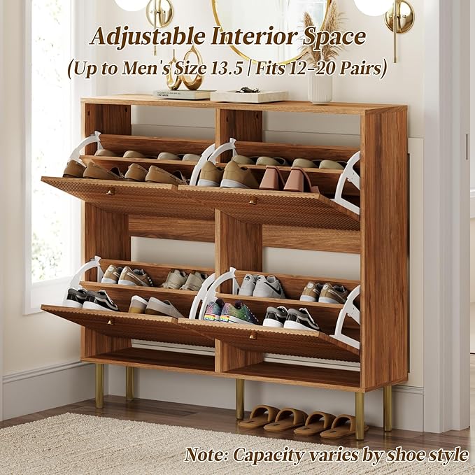 Nicetree Shoe Storage Cabinet for Entryway - 4 Flip Drawers Shoe Cabinet with Tiered Fluted Design - Slim Shoe Storage Rack with Gold Legs - Narrow Shoe Cabinet Hidden Shoe Organizer for Small Spaces
