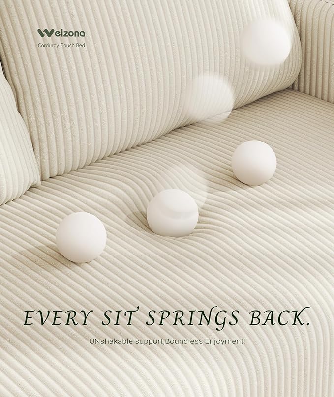 Welzona 47.2" Convertible Sofa Bed Couch, Comfy Corduroy Couch Bed, All in 1 Loveseat Sleeper Sofa, Love Seat Sleeper Bed with 2 Pillows, Modern Couches for Living Room/Apartment/Office, Beige White