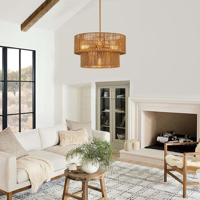 17.8" Golden Boho Rattan Chandelier Light Fixture 4-Light Hand-Woven Bamboo Vintage Farmhouse Chandelier Drum Wicker Chandeliers for Dining Room, Living Room, Kitchen Island,Bedroom,Foyer