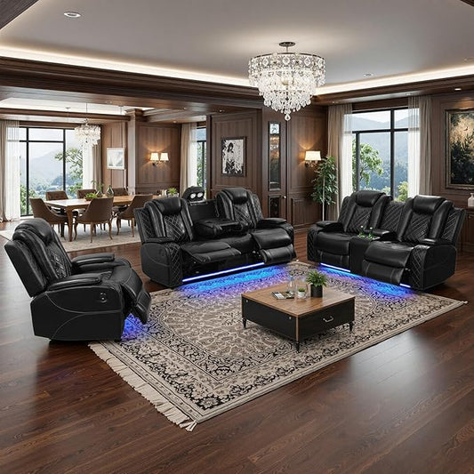 Power Leather Recliner Sofa Set with LED Light,Reclining Couch Set with USB Charger/Cup Holder/Storage,Leather Couch for Living Room Furniture Sets(3+2+1 Seats,Black)