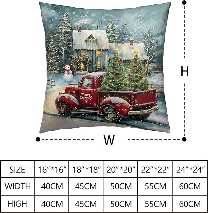 Merry Christmas Pillow Case Red Truck Christmas Pillow Covers 24x24 Set of 2 Xmas Tree Cabin Snowman Cushion Case for Winter Holiday Decorations Couch Bedroom