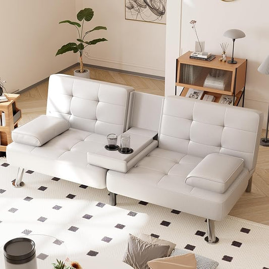 Shahoo Convertible Folding Futon Sofa Bed Sleeper Couch for Living Room Faux Leather Upholstered Loveseat w/Removable Armrests, Metal Legs, 2 Cup Holders, White