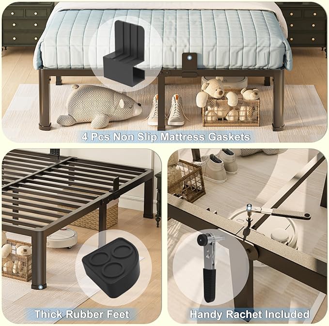 14 inch King Size Bed Frame with Round Corner Legs Mattress Slide Stopper,3500 lbs Heavy Duty Metal Platform,Steel Slat Support,No Box Spring Needed,Easy Assembly,Noise Free