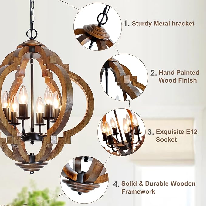 18.5" Farmhouse Chandelier for Dining Room, 6-Light Farmhouse Wood Chandelier, Rustic Dining Room Light Fixture, Rustic Pendant Lighting for Kitchen Island Living Room Bedroom Foyer