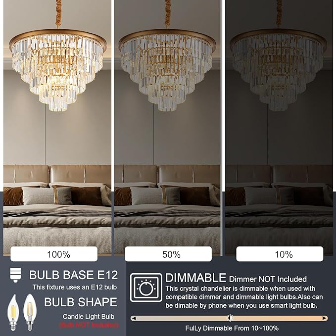 23.23" Gold Crystal Chandelier 12-Light Modern Crystal Pendant Ceiling Light Fixture 5-Tier Luxury K9 Crystal Chandeliers,for Dining Room Kitchen Island Living Room Bedroom