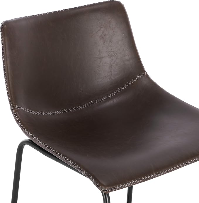 POLY & BARK Brinley Counter Stool Set of 3 – Modern Armless Counter-Height Stools with Gently Curved Backrest and Wood Legs – Brown – Faux Leather Seating for Kitchen Island or Breakfast Bar